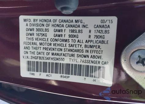 2015 Honda Civic Lx z USA, uszkodzony, nr VIN 2HGFB2E54FH534550